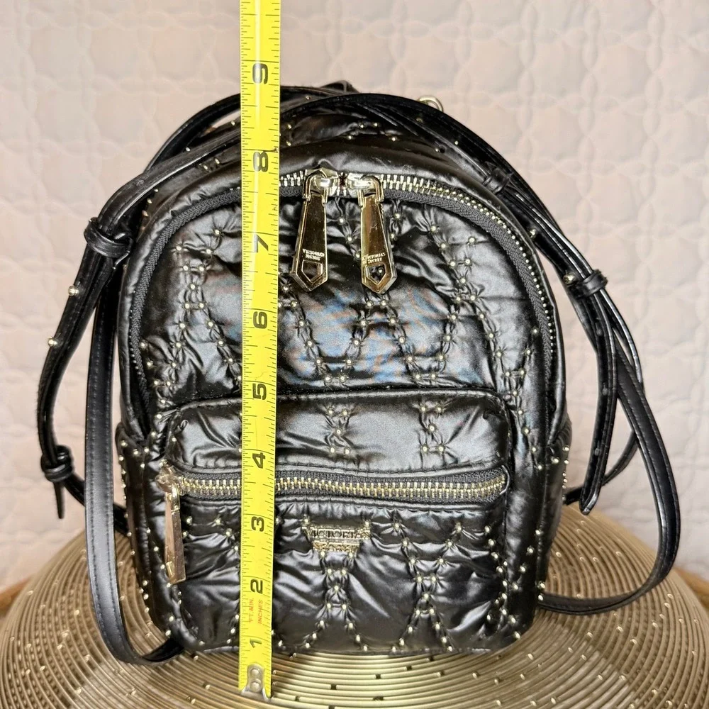 Victoria's Secret Mini Backpack Black Quilted Nylon Gold Studded Small Bag - Picture 11 of 12